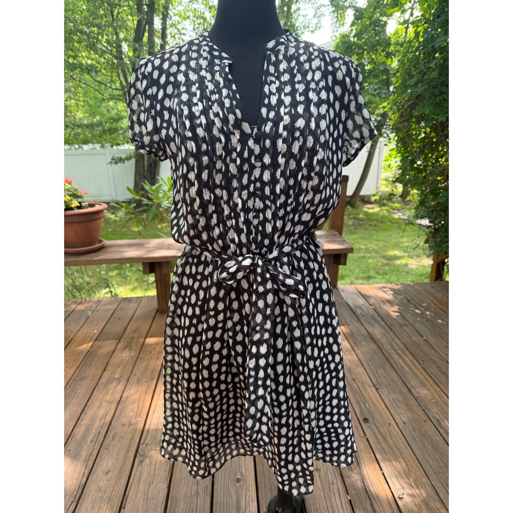 MSK Womens Black White Abstract Dot Print Belted V-Neck Dress Size 12 Fit &Flare